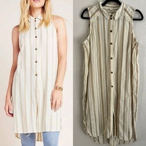 Anthropologie Button Up Boho Sleeveless Tunic Top Split Hem Striped Neutral L